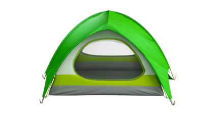 Green camping tent with mesh window on white background