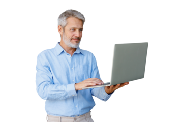 Senior man smiling, working with laptop, using current technology for business communication, transparent background