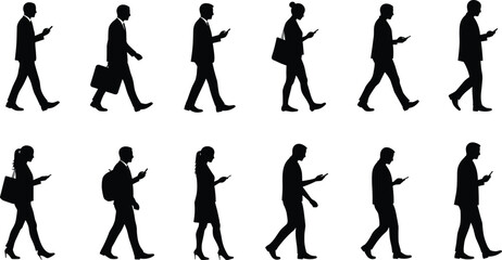 Flat vector silhouettes of people walking, using smartphones, modern lifestyle, technology addiction, urban commuting, business, casual, digital device, illustration