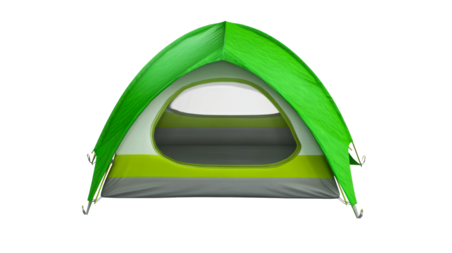 Green camping tent with mesh window on white background