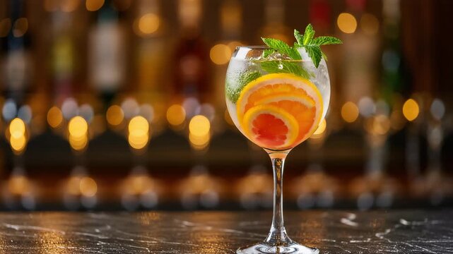 Citrus cocktail with slices of orange and lemon, fresh mint, and ice in a large wine glass. Stylish drink with bokeh lights in the background. Festive and refreshing.