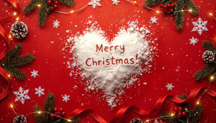 Heart Shaped Snow with Merry Christmas Text and Holiday Decorations