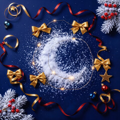 Blue Christmas Background with Ribbons Baubles and Snowy Branch for Holiday Designs