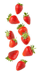 Fresh strawberries falling isolated on transparent background