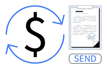 Dollar symbol with arrows next to a signed document and Send button. Ideal for payment process, contract signing, finance, e-commerce, money exchange, digital transactions, simple flat metaphor