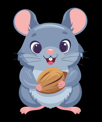 Happy Cartoon Animal Chinchilla Sitting and Holding a Peanut with a Wide Smile, Simple Vector Graphic Art