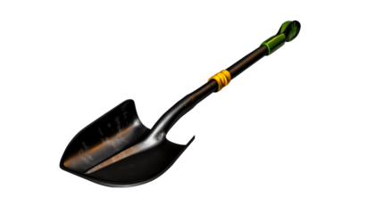 Garden shovel tool with black blade and green handle