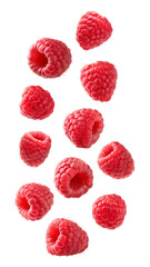 Fresh raspberries falling isolated on transparent background