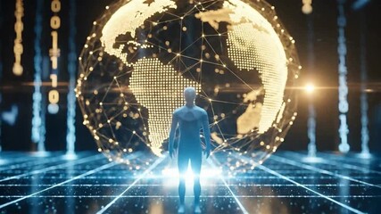 Futuristic global business network video with digital avatars connecting worldwide, showcasing cutting-edge technology and innovation - Powered by Adobe