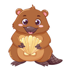 Adorable and Cute Platypus Animal Character Holding a Precious Seashell Found During an Underwater Exploration Adventure