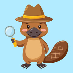 Clever Platypus Detective Animal Standing with Magnifying Glass and Hat Prepared for Exciting Wildlife Investigation Mission