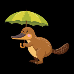 Happy Cartoon Platypus Animal Character Standing with a Bright Green Umbrella Ready for Rainy Day Protection and Fun