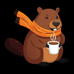 Friendly cartoon beaver mascot wearing a warm scarf and holding a steaming hot cup of coffee or cocoa © firstcolor