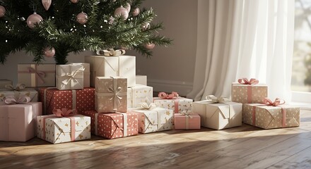 Decorated christmas tree with wrapped gift boxes in a bright interior space