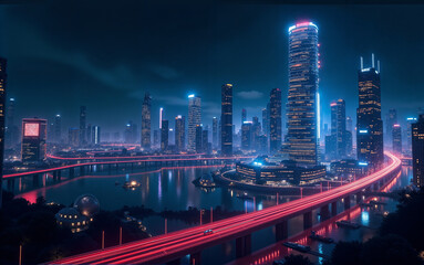 Futuristic Skyline Over Water City
