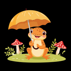 Adorable Toad Character Holding an Orange Umbrella Sitting on a Mushroom Surrounded by Ferns and Nature Elements