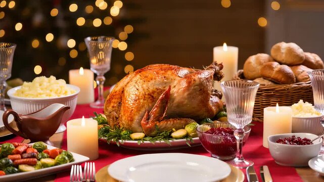 Festive Christmas table with whole roasted turkey, mashed potatoes, vegetables, rolls, and candles. Elegant dining setup with bokeh lights in background. Holiday food tradition.