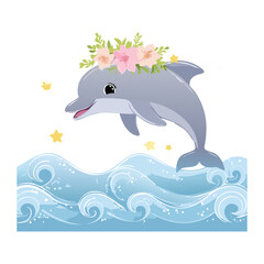 Obraz premium Smiling Dolphin Animal Wearing a Floral Crown and Jumping Over Sparkling Ocean Waves and Stars