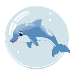 Cute Dolphin Animal Swimming Inside a Large Clear Water Bubble: A Whimsical Underwater Concept Illustration