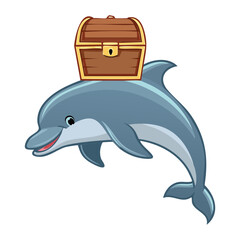 Fototapeta premium Friendly Dolphin Animal Carrying a Small Wooden Treasure Chest on its Back While Swimming in the Ocean