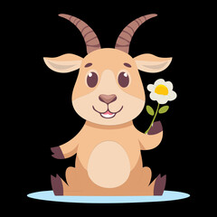 Small Mountain Goat Animal Character Holding a Little White Flower and Waving Hello to the Viewer