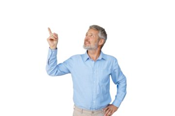 Mature man pointing up, having an idea or thinking, looking for inspiration, isolated on transparent background