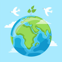 Planet Earth with green continents, leaves, and flying doves symbolizing peace, ecology, and care for nature. Flat vector illustration on blue sky background.