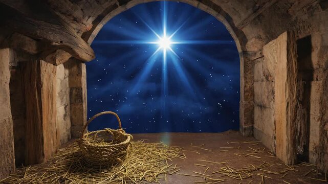 Bright star shines over rustic stable at night