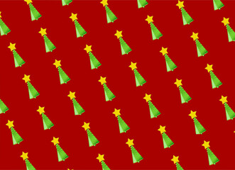 Festive Christmas tree with star, repeating pattern for design, boxes, bags, packaging, red, green and yellow design