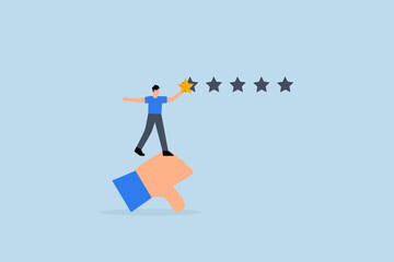 Negative feedback, unhappy man on thumb down giving bad review star.