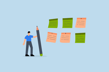 Category, businessman with pencil categorized sticky notes.