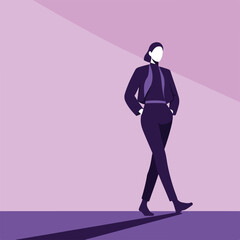 An abstract illustration of a woman in a purple suit walking, minimal details, against a purple backdrop