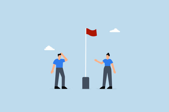 Red flag warning to be careful for business, considerate businessman and businesswoman observe red flag alert