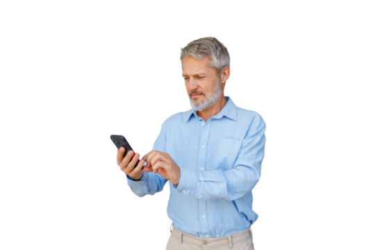 Mature man interacting with smartphone, browsing content, standing on transparent background