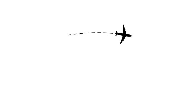 Animation of a plane and dotted line path from left to right point. Concept of movement, moving, flying and goal.