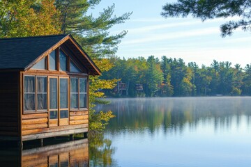 Obraz premium Peaceful lakefront cabin with large windows surrounded by autumn trees and calm water reflecting serene forest and misty atmosphere in early morning light
