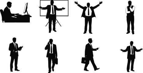 Businessman silhouette collection, office worker poses, professional gestures, corporate lifestyle, leadership, technology, teamwork, presentation, decision making - flat vector