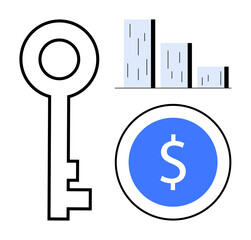 Minimalist design with a key, a dollar coin, and a bar chart conveying success. Ideal for finance, business, investment, strategy, growth planning and prosperity. A simple flat metaphor