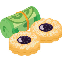 Two Linzer cookies with powdered sugar and jam filling beside a roll of green banknotes secured with an orange rubber band on a clean white background symbolizing a sweet deal or reward