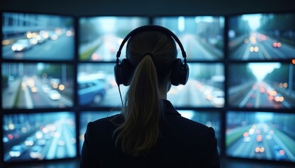 Woman monitors city traffic on multiple surveillance screens in dimly lit control room. Wears headphones for clear communication, data processing. Setup ensures public security, urban safety, smart