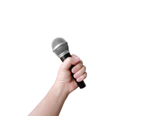 Man's hand holding microphone PNG transparent.