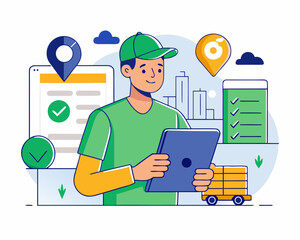 Delivery man checking order on tablet