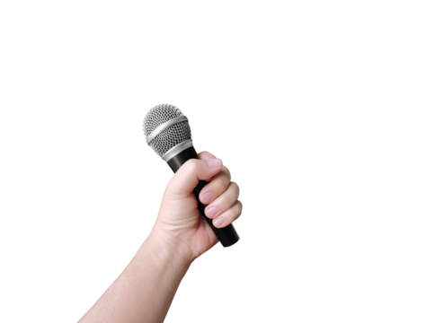 Man's hand holding microphone PNG transparent.