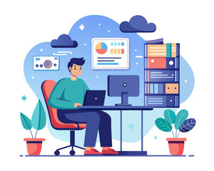 Man working from home with laptop and computer