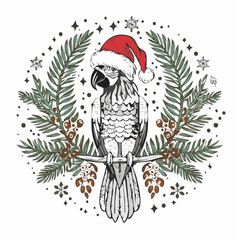 Christmas Parrot in Santa Hat Illustration, Holiday Bird Art