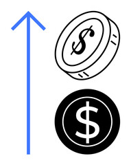 Blue arrow pointing upward next to monochrome dollar coins represents profit growth, investment success, or financial prosperity. Ideal for economy, business, investment, banking, analysis, finance