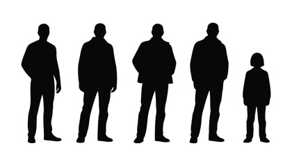 Silhouettes of four men and a child isolated on white
