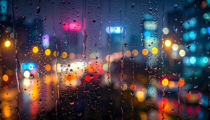 Obraz premium Vibrant city lights creating a colorful bokeh effect as seen through a window pane covered in raindrops on a moody evening