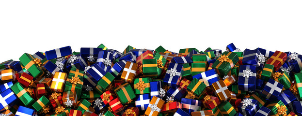 footer decoration filled with multi colored Christmas gifts - 3D rendering on transparent background	
