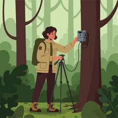 A woman in outdoor gear sets up a wildlife camera on a tree in a forest, surrounded by green foliage